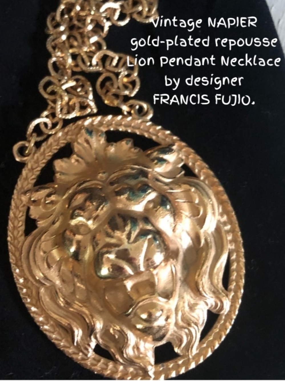 Vintage Repousse Lion Pendant Runway Necklace